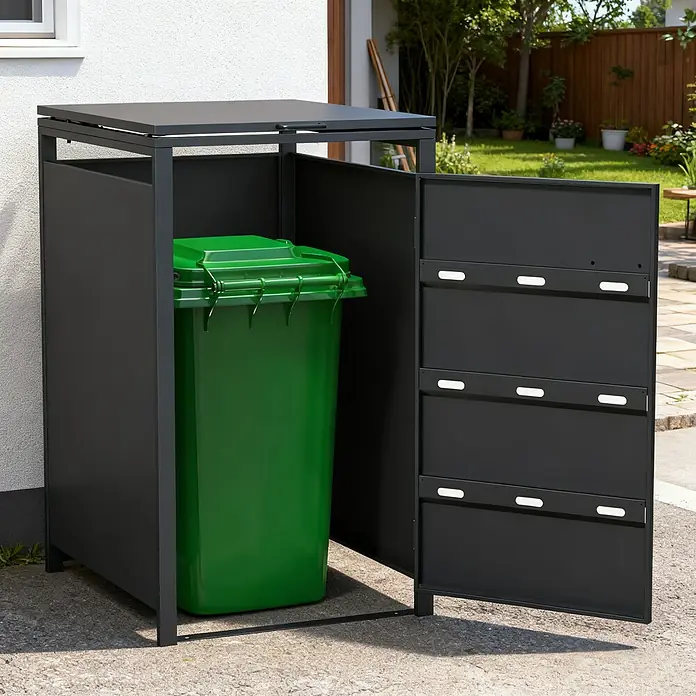 Floraworld Premium Mülltonnenbox - Metall, Schwarz, Geeignet für Anzahl Mülltonnen: 1 Stk. - Abfalltonnenbox aus anthrazitfarbenem Metall mit einer grünen Mülltonne im Inneren und einer offenen Tür.
