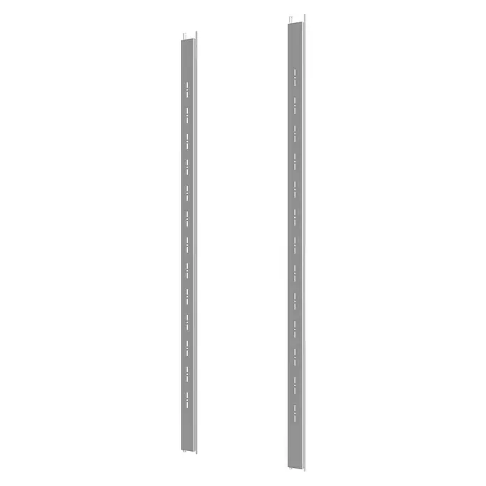 Floraworld Regalträger - 2 Stk., Passend für: Floraworld Premium Gerätehäuser - Zwei schlanke, silberfarbene Metallprofile auf einem schwarzen Hintergrund. Ideal für Bauprojekte oder als Designelement.