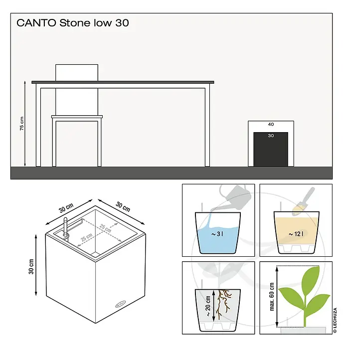 Lechuza Color Pflanzkasten Canto - Außenmaß (L x B x H): 30 x 30 x 30 cm, Kunststoff, Sandbeige - Abbildung des CANTO Stone low 30 Pflanzgefäßes mit Maßen und Anweisungen zu Bepflanzung und Bewässerung.
