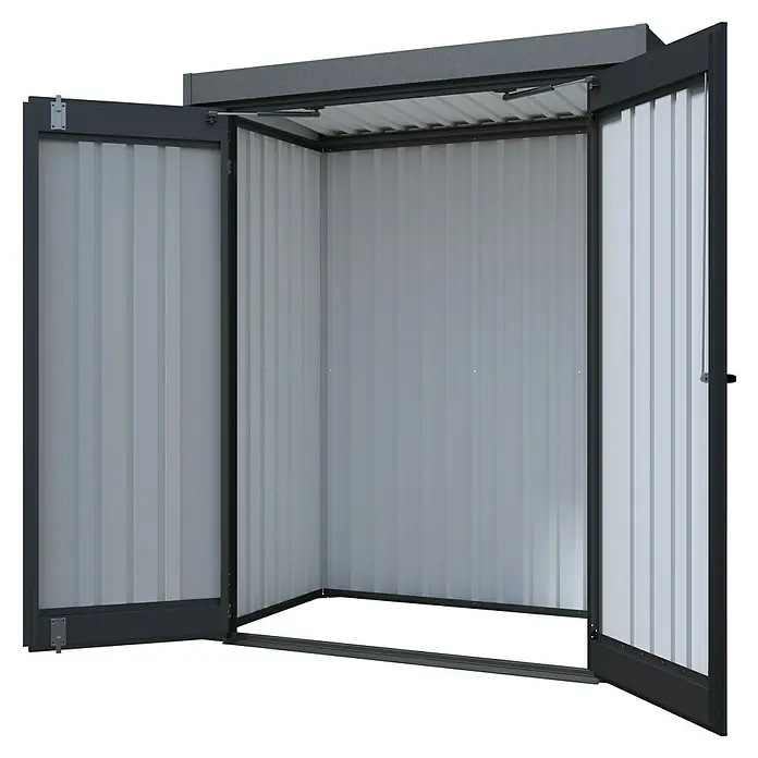 Floraworld Premium Geräteschrank - Außenbreite inkl. Dachüberstand: 153 cm, Außentiefe inkl. Dachüberstand: 98 cm, Metall, Schwarz metallic - Offener Metall-Geräteschuppen mit Doppeltüren, ideal für die Gartenaufbewahrung. Die robuste Konstruktion schützt Ihre Gartengeräte zuverlässig.