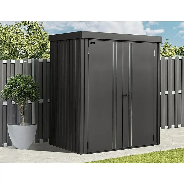 Floraworld Premium Geräteschrank - Außenbreite inkl. Dachüberstand: 153 cm, Außentiefe inkl. Dachüberstand: 98 cm, Metall, Schwarz metallic - Eine moderne Gerätebox in Anthrazit, ideal für die Gartenaufbewahrung. Das stilvolle Design fügt sich nahtlos in jeden Außenbereich ein.
