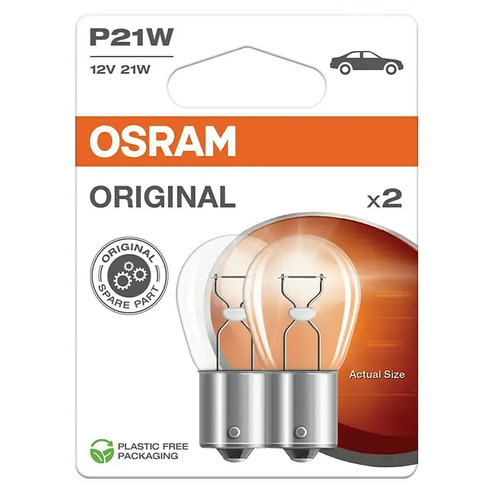 Osram Blink- & Bremslichtlampe - P21W, 2 Stk. - Produktverpackung: Osram P21W Original Glühbirnen für Autos, 12V 21W, Doppelpackung, Original Ersatzteil, in plastikfreier Verpackung.