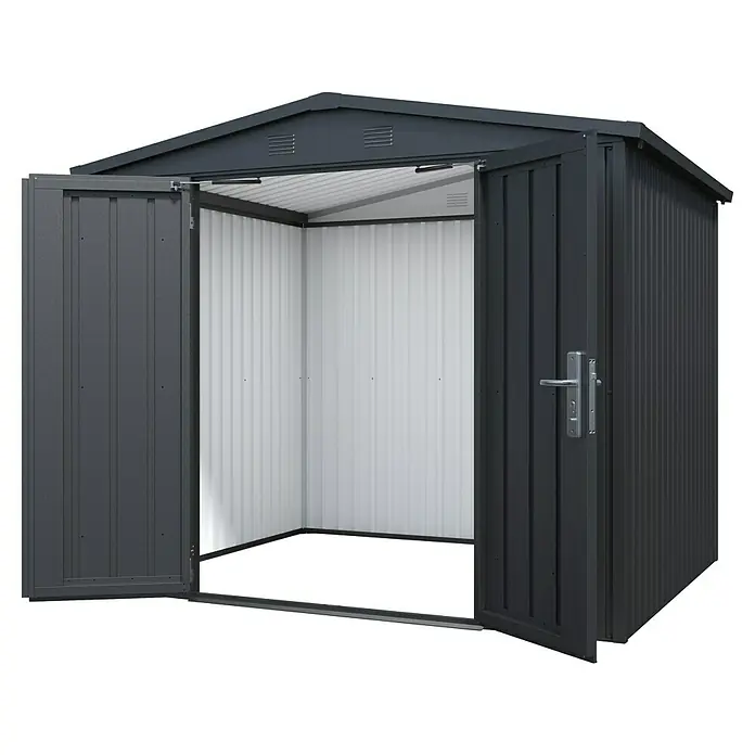 Floraworld Premium Gerätehaus - Außenbreite inkl. Dachüberstand: 244 cm, Außentiefe inkl. Dachüberstand: 200 cm, Metall, Schwarz metallic - Bild eines grauen Metall-Gartenschuppens mit geöffneten Türen, der einen Blick ins Innere mit weißen Wänden und einem dunklen Boden bietet.