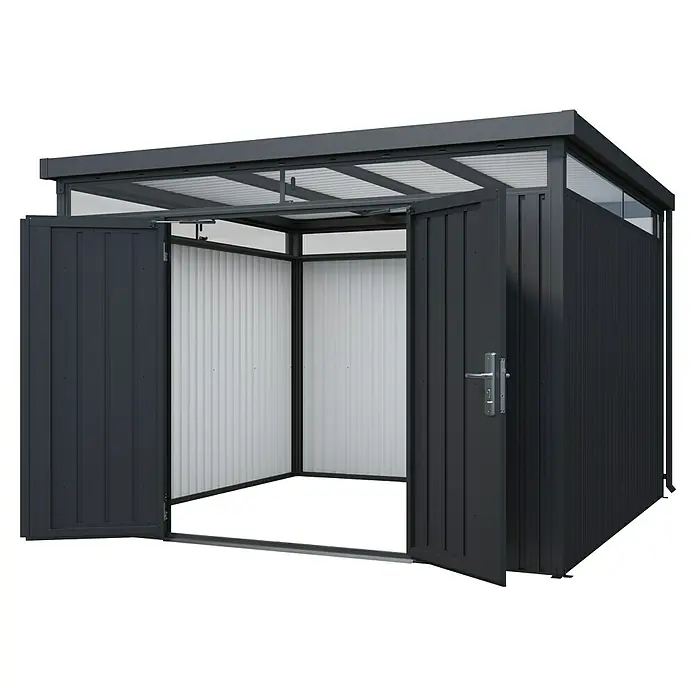 Floraworld Premium Gerätehaus - Außenbreite inkl. Dachüberstand: 274 cm, Außentiefe inkl. Dachüberstand: 274 cm, Metall, Schwarz metallic - Abbildung eines offenen, geräumigen Geräteschuppens mit robusten Türen, ideal für die Gartenaufbewahrung und den Wetterschutz.