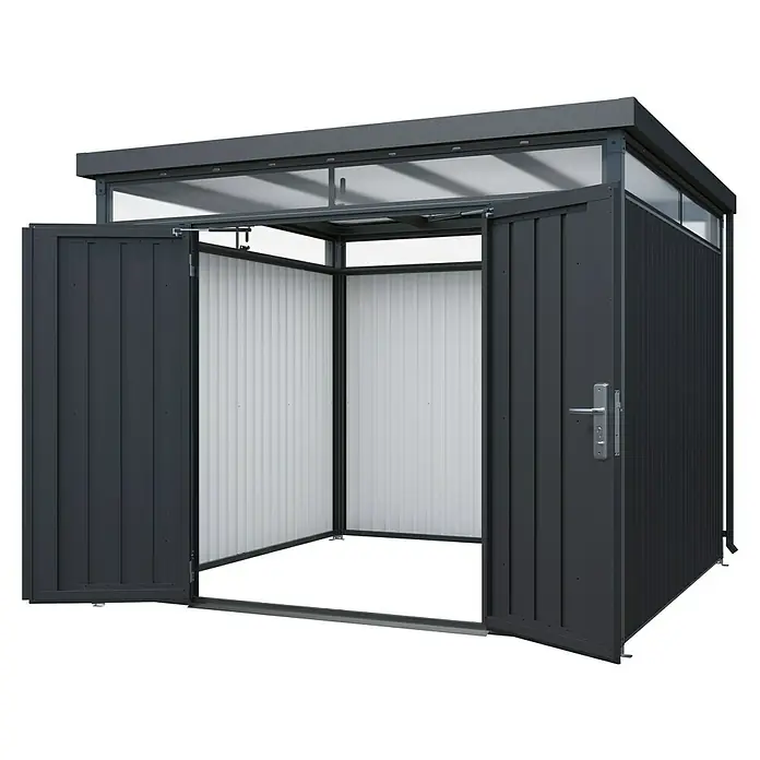 Floraworld Premium Gerätehaus - Außenbreite inkl. Dachüberstand: 314 cm, Außentiefe inkl. Dachüberstand: 314 cm, Metall, Schwarz metallic - Geräumiger Geräteschuppen mit Doppeltür für einfachen Zugang. Bietet viel Stauraum und schützt Ihre Gartengeräte vor Wind und Wetter.