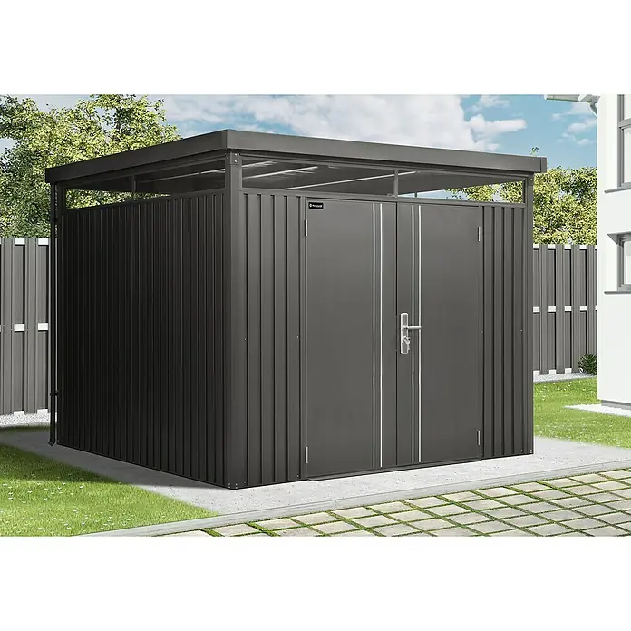 Floraworld Premium Gerätehaus - Außenbreite inkl. Dachüberstand: 274 cm, Außentiefe inkl. Dachüberstand: 274 cm, Metall, Schwarz metallic - Abbildung eines modernen, grauen Gerätehauses mit Doppeltür und Überdachung, ideal für die Aufbewahrung im Außenbereich.