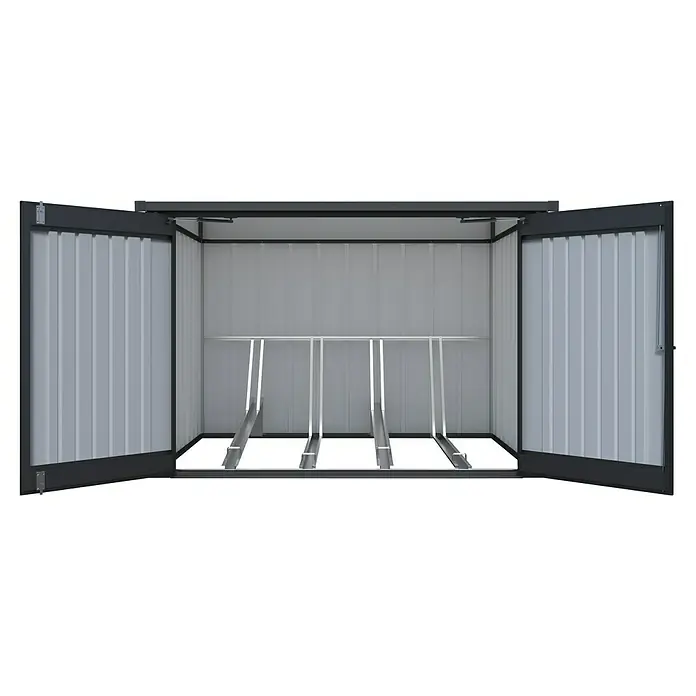 Floraworld Premium Fahrradgarage - Schwarz metallic - Eine offene Fahrradgarage mit Platz für mehrere Fahrräder, die eine sichere und wettergeschützte Aufbewahrung ermöglicht.