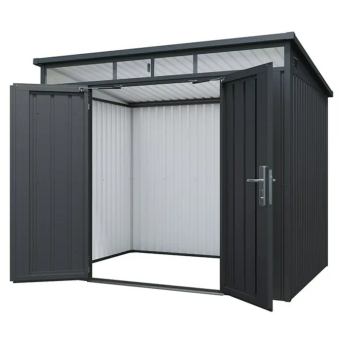Floraworld Premium Gerätehaus - Außenbreite inkl. Dachüberstand: 237 cm, Außentiefe inkl. Dachüberstand: 206 cm, Metall, Schwarz metallic - Ein offener Geräteschuppen mit Doppeltür und grauem Metallgehäuse. Ideal zur Aufbewahrung von Gartengeräten und Werkzeugen.