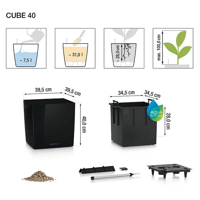 Lechuza Cube Pflanzkübel eckig Premium - Außenmaß (L x B x H): 39 x 39 x 40 cm, Kunststoff, Anthrazit Metallic - Eine detaillierte Ansicht des CUBE 40 Pflanzgefäßes mit Maßangaben und Zubehör für ein optimales Pflanzenwachstum.
