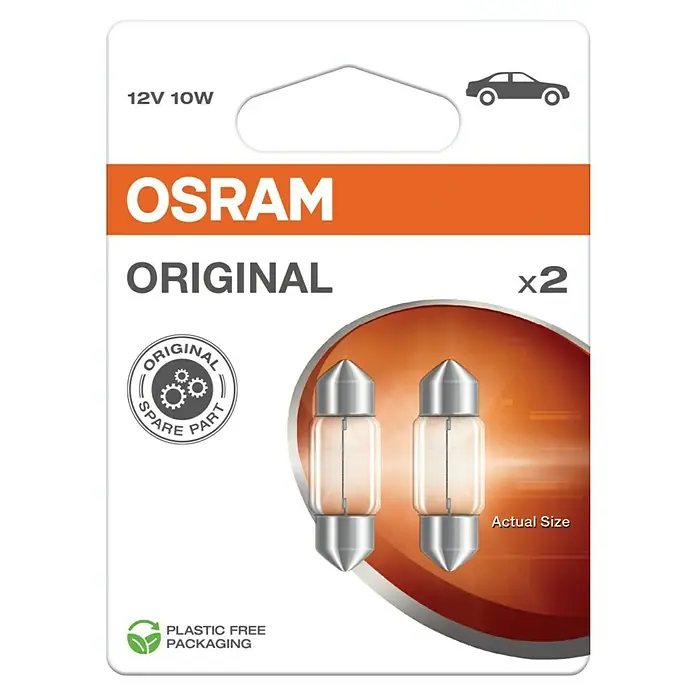 Osram Soffittenlampe Original Line - 2 Stk. - Abbildung der OSRAM Original 12V 10W Glühlampe, erhältlich im 2er-Pack, ideal als Ersatzteil und in plastikfreier Verpackung.