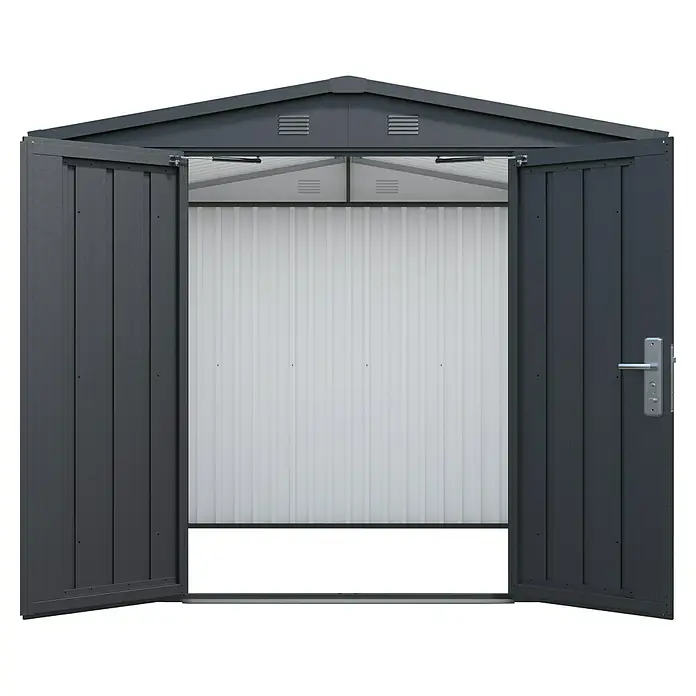 Floraworld Premium Gerätehaus - Außenbreite inkl. Dachüberstand: 244 cm, Außentiefe inkl. Dachüberstand: 200 cm, Metall, Schwarz metallic - Eine offene, graue Metallgartenhütte mit Doppeltür, die einen Einblick ins Innere mit einer weißen Wand bietet.
