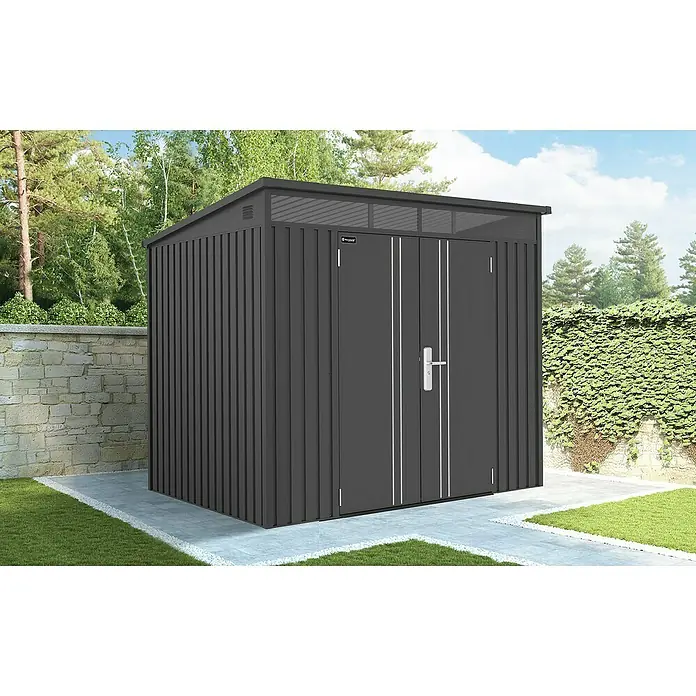 Floraworld Premium Gerätehaus - Außenbreite inkl. Dachüberstand: 237 cm, Außentiefe inkl. Dachüberstand: 206 cm, Metall, Schwarz metallic - Moderne, graue Metall-Gartenhütte mit Doppeltür und transparentem Dach. Perfekt für die Aufbewahrung von Gartengeräten und -möbeln.