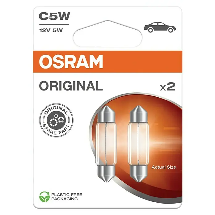 Osram Soffittenlampe - C5W, 2 Stk. - Abbildung der Osram C5W 12V 5W Original-Glühlampe im Doppelpack, eine zuverlässige und langlebige Autolampe für verschiedene Anwendungen.