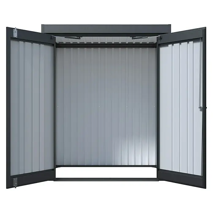 Floraworld Premium Geräteschrank - Außenbreite inkl. Dachüberstand: 153 cm, Außentiefe inkl. Dachüberstand: 98 cm, Metall, Schwarz metallic - Geräumiger Geräteschuppen mit weit geöffneten Türen, ideal für die Aufbewahrung von Gartengeräten und Werkzeugen.
