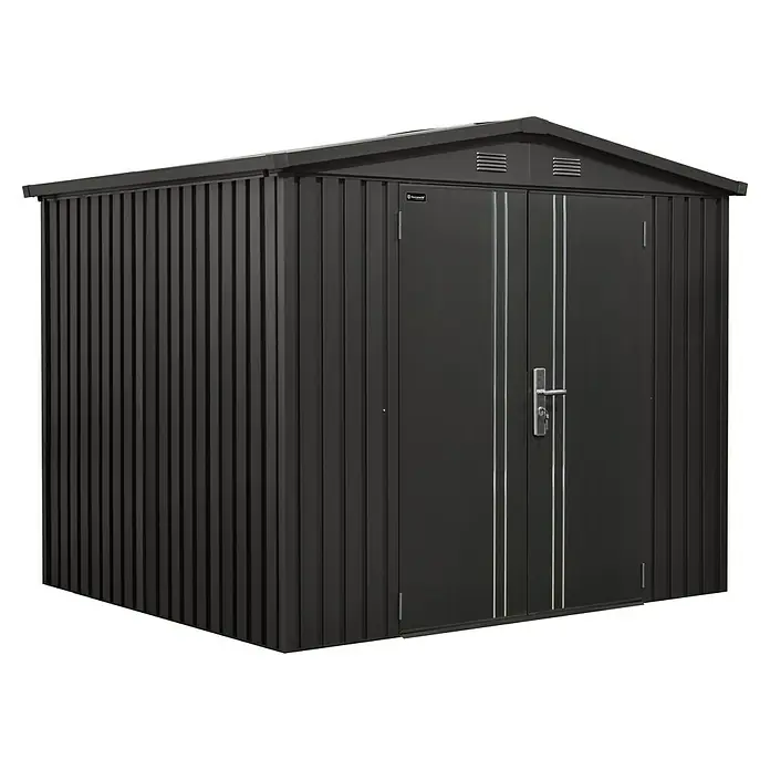 Floraworld Premium Gerätehaus - Außenbreite inkl. Dachüberstand: 244 cm, Außentiefe inkl. Dachüberstand: 200 cm, Metall, Schwarz metallic - Ein geräumiger, anthrazitfarbener Geräteschuppen aus Metall mit Doppeltür und Lüftungsschlitzen im Giebel für Gartenwerkzeug.