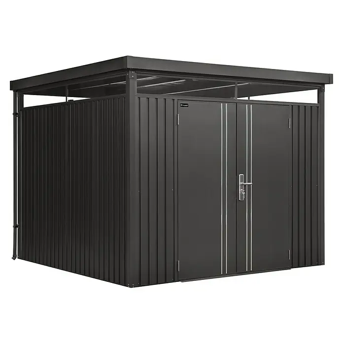 Floraworld Premium Gerätehaus - Außenbreite inkl. Dachüberstand: 274 cm, Außentiefe inkl. Dachüberstand: 274 cm, Metall, Schwarz metallic - Das moderne Gerätehaus mit Doppeltür bietet viel Stauraum für Gartengeräte und Werkzeug. Die robuste Konstruktion schützt vor Wind und Wetter.