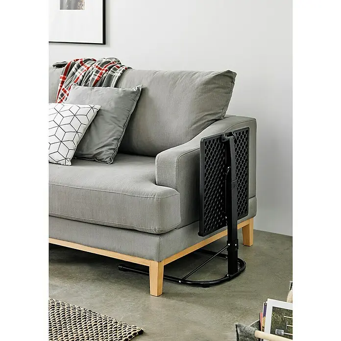 Mesa plegable Multitable - L x An x Al: 43 x 49 x 73 cm, Negro - Mesa de sofá con estante ajustable en negro justo al lado del sofá. Ideal para espacios pequeños para ahorrar espacio.
