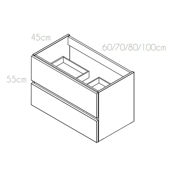 Conjunto de mueble de baño Cancún - Ancho: 100 cm, Roble, 3 pzs. - Esquema de un moderno mueble de baño con dos cajones y compartimentos abiertos, con dimensiones indicadas para varios tamaños.