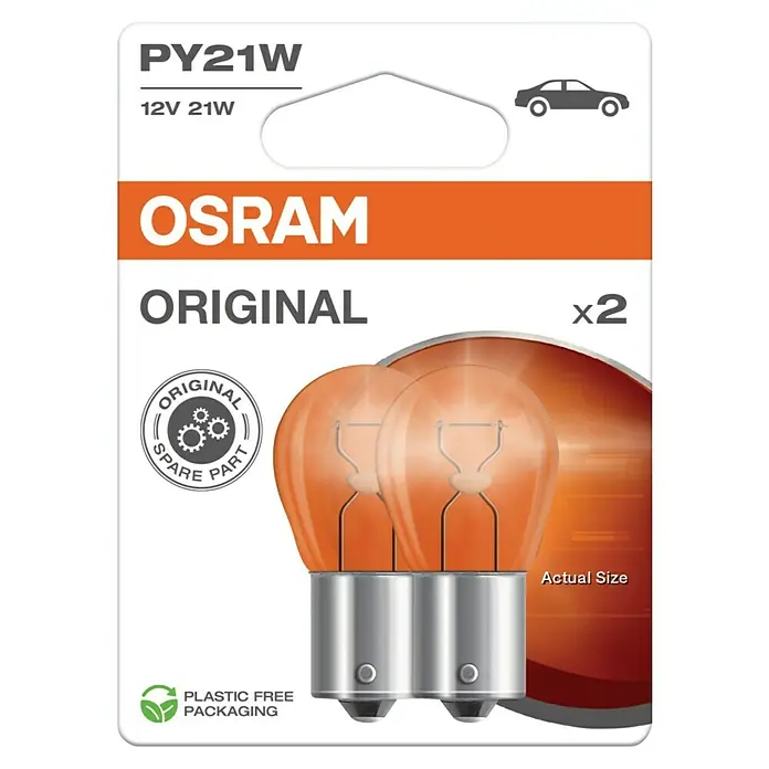 Osram Blinkleuchten - PY21W, 2 Stk. - Osram PY21W Original-Doppelpackung mit Blinkerlampen. Ideal für zuverlässige Fahrzeugbeleuchtung und als Originalersatzteil geeignet.