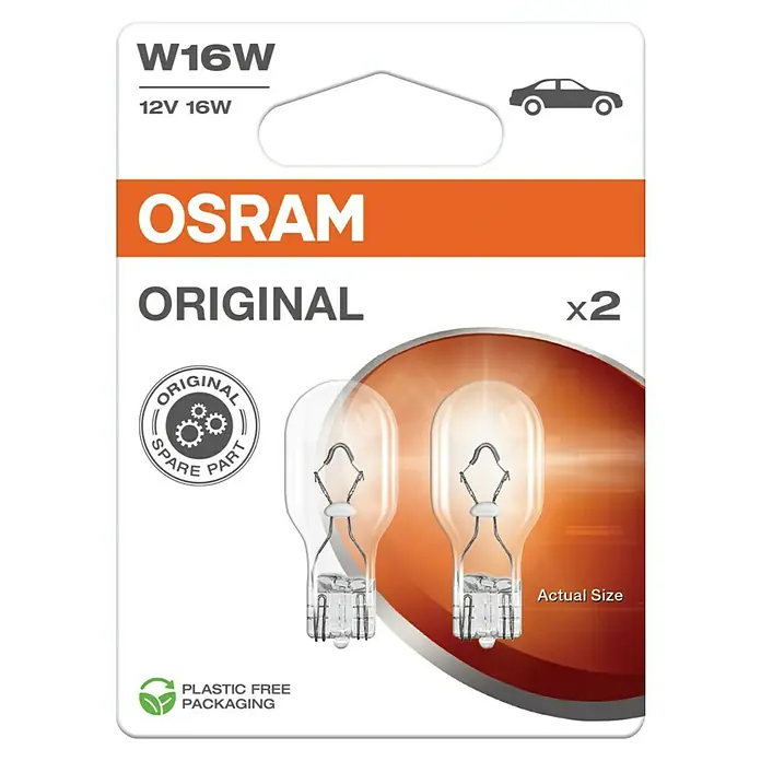Osram Brems- & Schlussleuchte Original Line - Lichtstrom: 310 lm, 2 Stk. - Osram W16W Original Glühbirnen-Doppelpackung für Kfz-Beleuchtung. Hochwertige Autolampen für zuverlässige Leistung und Sicherheit.