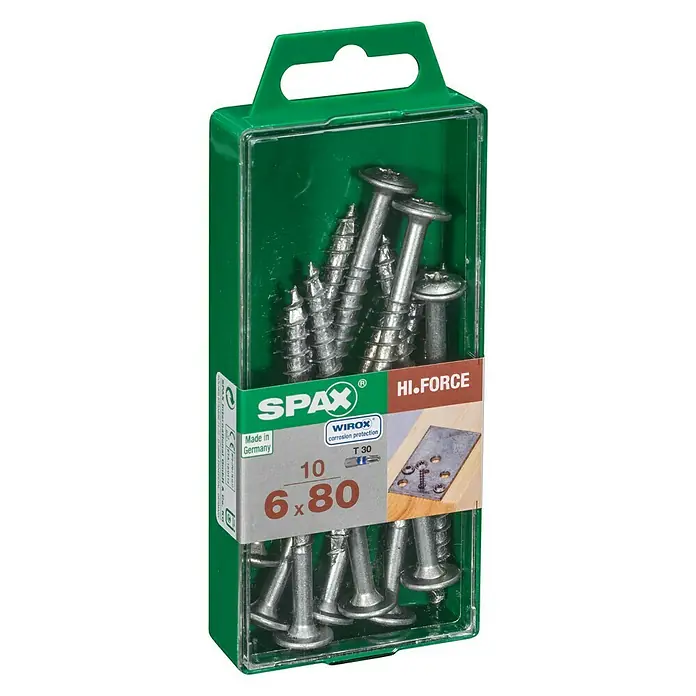 Spax HI FORCE Tellerkopfschraube HI.FORCE - Ø x L: 6 x 80 mm, WIROX Oberfläche, T-Star plus, 10 Stk. - Verpackung mit 10 Spax Hi-Force Senkkopfschrauben 6x80mm mit Wirox Korrosionsschutz, ideal für robuste Holzverbindungen im Innen- und Außenbereich.