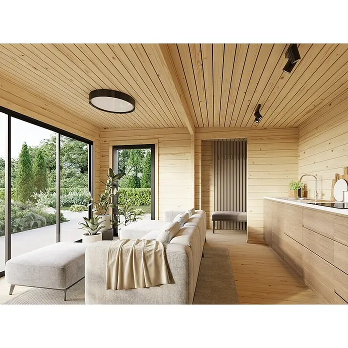 Palmako Gartenhaus Cecilia - Außenmaß inkl. Dachüberstand (B x T): 910 x 574 cm, Holz, Natur unbehandelt - Helle Holzküche mit modernen Einbauschränken und einer gemütlichen Sitzecke. Die Deckenbeleuchtung sorgt für ein angenehmes Ambiente.