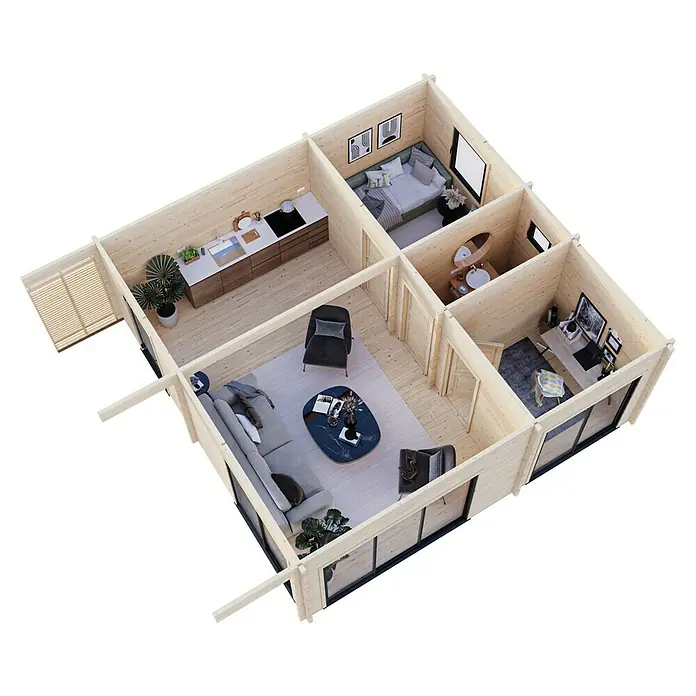 Palmako Gartenhaus Cecilia - Außenmaß inkl. Dachüberstand (B x T): 818 x 827 cm, Holz, Natur unbehandelt - Draufsicht auf ein modernes Holzhaus mit offenem Wohnbereich, Küche, Schlafzimmer, Bad und Büro, das ein gemütliches, helles Ambiente ausstrahlt.