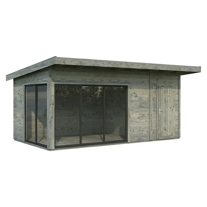 Palmako Gartenhaus Andrea - Außenmaß inkl. Dachüberstand (B x T): 574 x 404 cm, Holz, Grau, 24mm Doppelverglasung - Moderne Gartenlaube aus Holz mit grossen Fensterflächen & einer Tür. Ideal als stilvoller Rückzugsort im Grünen, zur Entspannung und als Arbeitsbereich.
