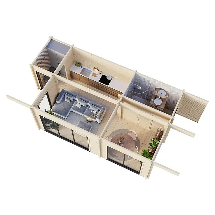 Palmako Gartenhaus Cecilia - Außenmaß inkl. Dachüberstand (B x T): 910 x 574 cm, Holz, Natur unbehandelt - Draufsicht eines Tiny Houses mit Wohnbereich, Küche, Bad und Essbereich. Klare Linien und natürliche Materialien dominieren das Design.