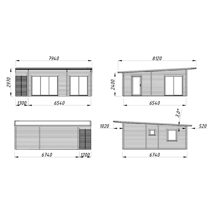 Palmako Gartenhaus Cecilia - Außenmaß inkl. Dachüberstand (B x T): 818 x 827 cm, Holz, Natur unbehandelt - Ansichten des Bungalow-Grundrisses mit Maßangaben für Design und Bau.