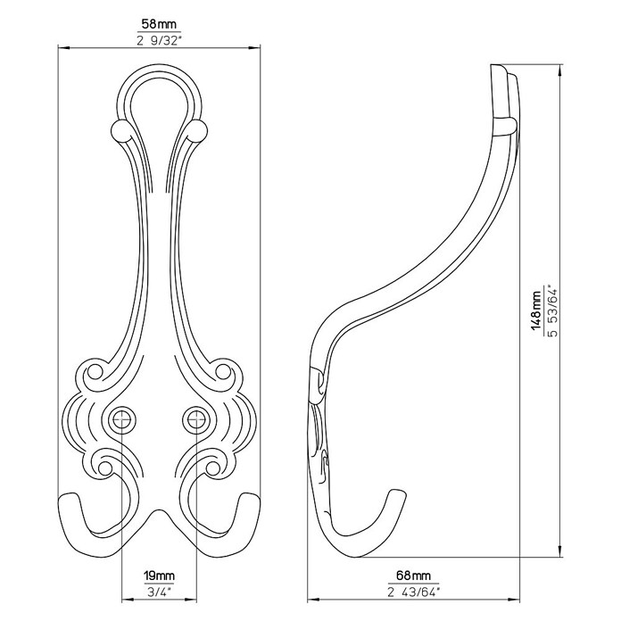 Siro Garderobenhaken (Anzahl Haken: 3 Stk., L x B x H: 5,8 x 14,8 x 6,8 cm, Messing Antik)