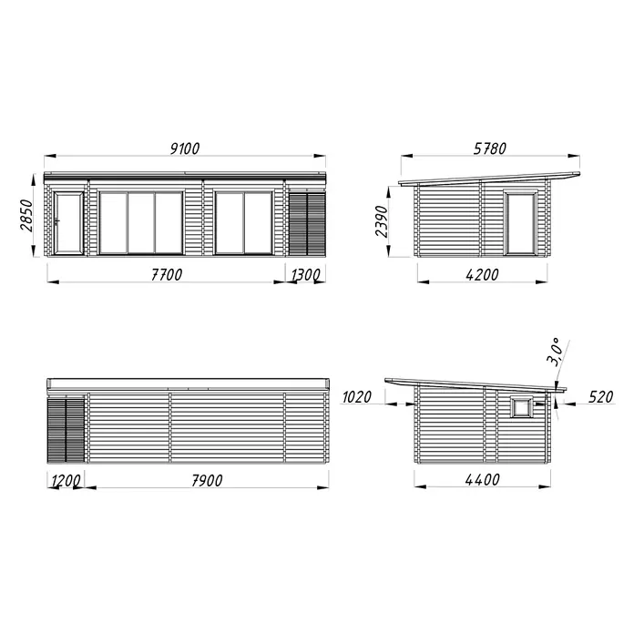 Palmako Gartenhaus Cecilia - Außenmaß inkl. Dachüberstand (B x T): 910 x 574 cm, Holz, Natur unbehandelt - Detaillierte Baupläne für ein modernes Gartenhaus mit genauen Maßen und Ansichten, ideal für Heimwerker und Bauprofis.