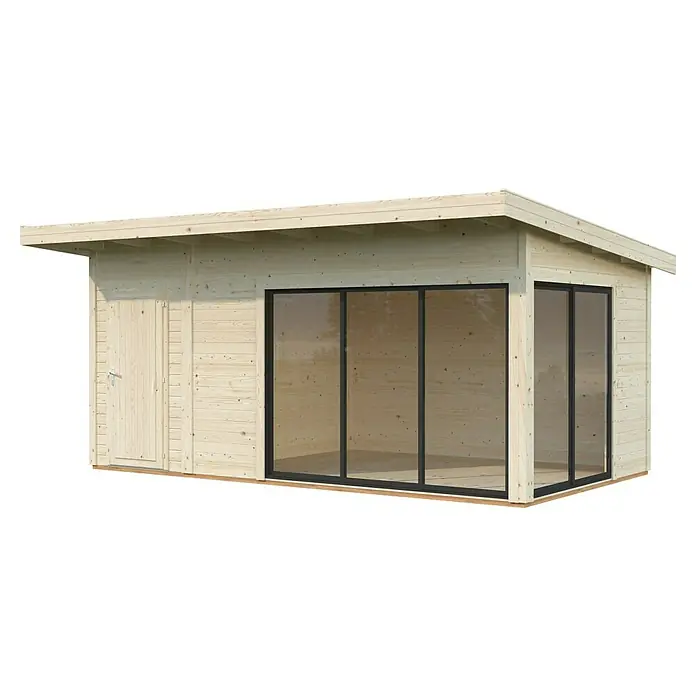 Palmako Gartenhaus Andrea - Außenmaß inkl. Dachüberstand (B x T): 574 x 404 cm, Holz, Hellbraun, 24mm Doppelverglasung - Das Bild zeigt ein modernes Gartenhaus aus hellem Holz mit großen Fensterflächen und einer separaten Tür. Das Haus bietet viel Licht und ist ideal für den Garten.