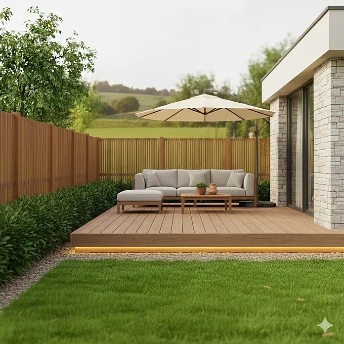 Andrewex Sichtschutzelement Quadra - 180 x 180 cm, Holz, Kiefer - Gemütliche Lounge-Ecke im Freien mit stilvollem Sofa und Sonnenschirm auf einer Holzterrasse mit stimmungsvoller Beleuchtung.
