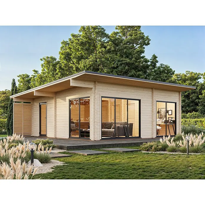 Palmako Gartenhaus Cecilia - Außenmaß inkl. Dachüberstand (B x T): 818 x 827 cm, Holz, Natur unbehandelt - Dieses Bild zeigt ein modernes Gartenhaus mit großen Glasfenstern und einer hellen Holzverkleidung, ideal für den Garten.