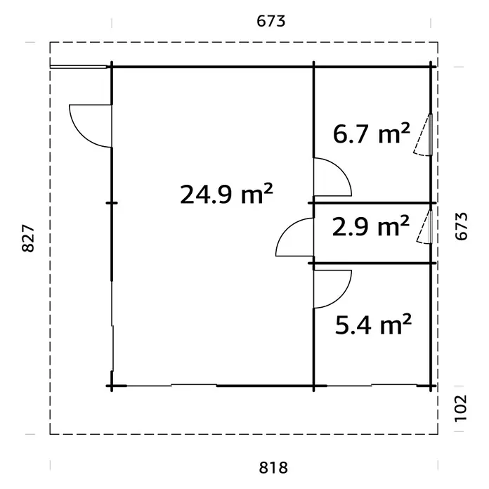 Palmako Gartenhaus Cecilia - Außenmaß inkl. Dachüberstand (B x T): 818 x 827 cm, Holz, Natur unbehandelt - Grundriss eines Hauses mit verschiedenen Räumen und deren Flächenangaben in Quadratmetern.