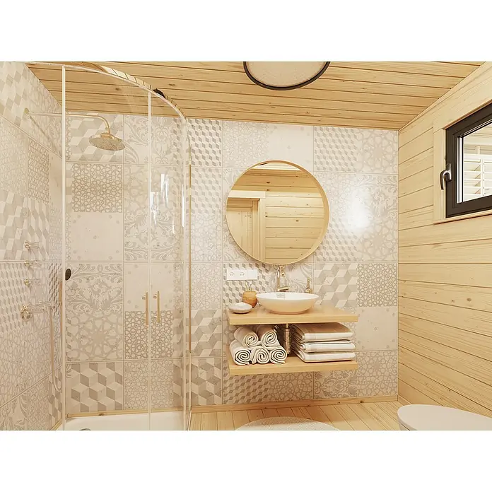 Palmako Gartenhaus Cecilia - Außenmaß inkl. Dachüberstand (B x T): 910 x 574 cm, Holz, Natur unbehandelt - Elegantes Badezimmer mit Duschkabine, gemusterten Fliesen und Holzverkleidung. Der runde Spiegel und die Ablage mit Handtüchern verleihen dem Raum Wärme.