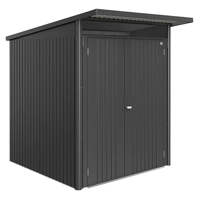 Biohort AvantGarde Gerätehaus Eco A1 - Außenmaß inkl. Dachüberstand (B x T): 180 x 220 cm, Dunkelgrau Metallic, Doppeltür, Stahl - Eine Nahaufnahme eines modernen, anthrazitfarbenen Gartenschuppens mit einem Pultdach, ideal für die Lagerung im Freien.