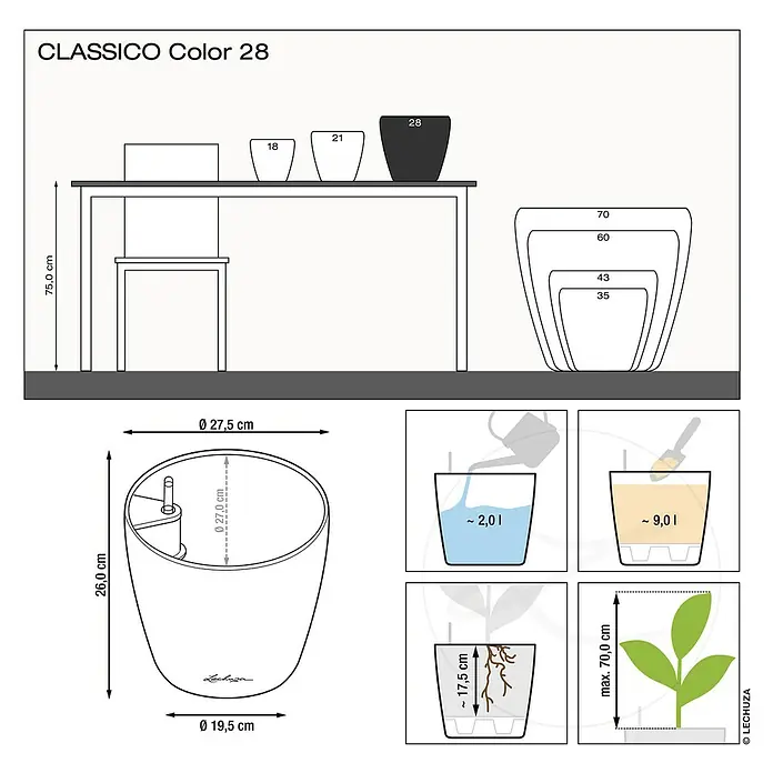 Lechuza Classico Pflanztopf Color - Außenmaß (Ø x H): 27,5 x 26 cm, Kunststoff, Weiß - Produktabbildung des CLASSICO Color 28 Blumentopfes mit Größenangaben, Füllmengen und Pflanzhinweisen für eine optimale Nutzung.