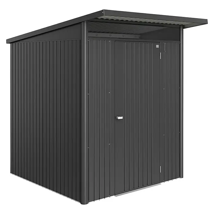Biohort AvantGarde Gerätehaus Eco A1 - Außenmaß inkl. Dachüberstand (B x T): 180 x 220 cm, Dunkelgrau Metallic, Einzeltür, Stahl - Abbildung eines Geräteschuppens aus Metall, ideal für die Aufbewahrung im Freien.