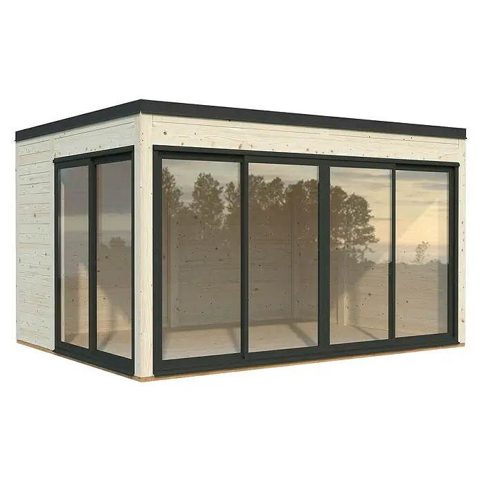 Palmako Caseta de jardín Serena Slide Plus Set 1 - L x An x Al: 320 x 420 x 250 cm, Madera, Natural - Imagen de una moderna caseta de jardín con grandes ventanales y paredes de madera.