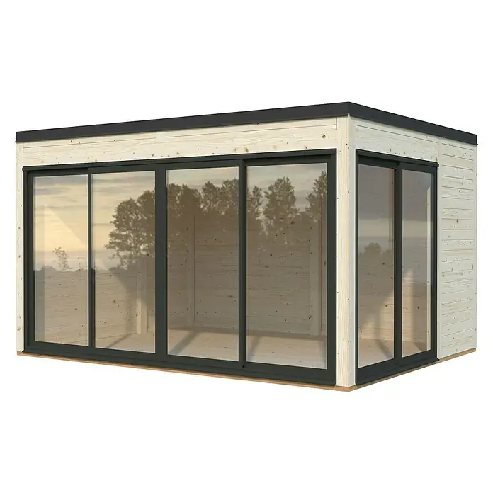 Palmako Caseta de jardín Serena Slide Plus Set 1 - L x An x Al: 320 x 420 x 250 cm, Madera, Natural - Un cobertizo de jardín moderno con grandes ventanales que permiten mucha luz y una hermosa vista. Perfecto para momentos de relax en el jardín.
