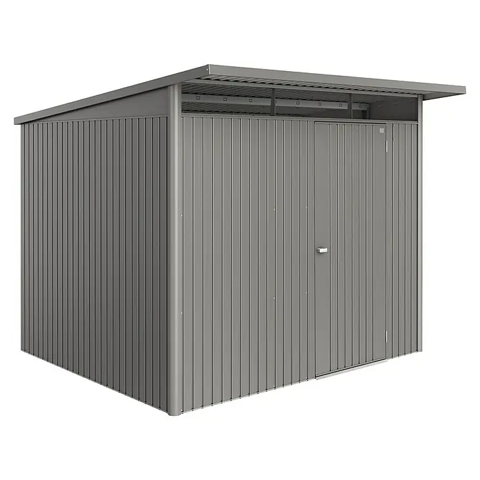Biohort AvantGarde Gerätehaus Eco A6 - Außenmaß inkl. Dachüberstand (B x T): 260 x 260 cm, Quarzgrau Metallic, Einzeltür, Stahl - Graues Metall-Gartenhaus mit Tür. Praktischer Stauraum für den Außenbereich, ideal zur Aufbewahrung von Gartengeräten und Werkzeugen.