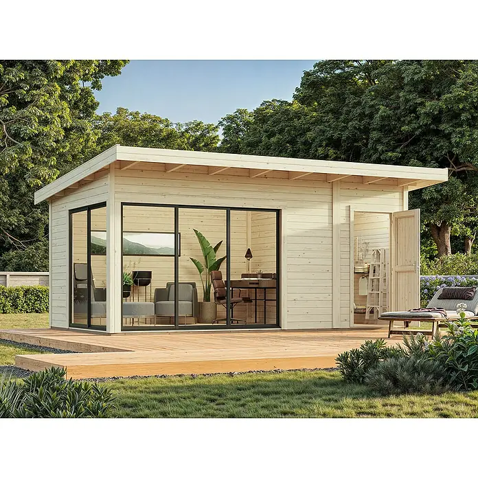 Palmako Gartenhaus Andrea - Außenmaß inkl. Dachüberstand (B x T): 574 x 404 cm, Holz, Hellbraun, 24mm Doppelverglasung - Ein helles Gartenhaus mit grossen Fenstern und einem kleinen Schuppenbereich, umgeben von Grünfläche. Ideal für Büro oder Entspannung im Freien.