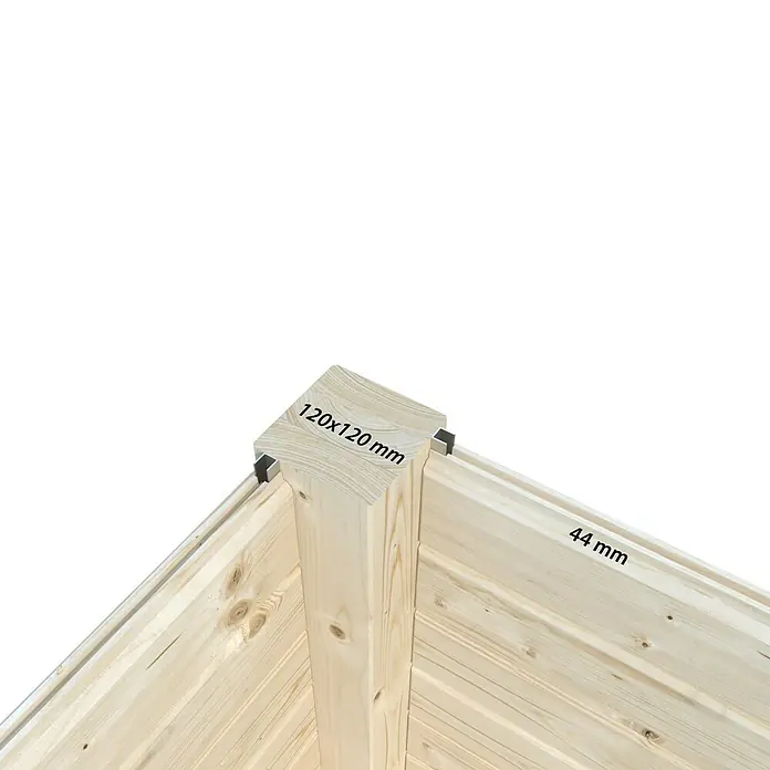 Palmako Caseta de jardín Serena Slide Plus Set 1 - L x An x Al: 320 x 420 x 250 cm, Madera, Natural - Detalle de la estructura de madera con dimensiones de 120x120 mm y 44 mm. Materiales de alta calidad y fabricación precisa.