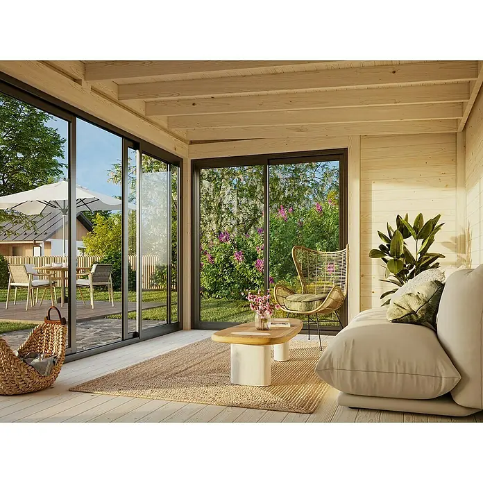 Palmako Caseta de jardín Serena Slide Plus Set 1 - L x An x Al: 320 x 420 x 250 cm, Madera, Natural - Luminosa y acogedora caseta de jardín con grandes ventanas, muebles cómodos y vigas de madera para horas de relax al aire libre.