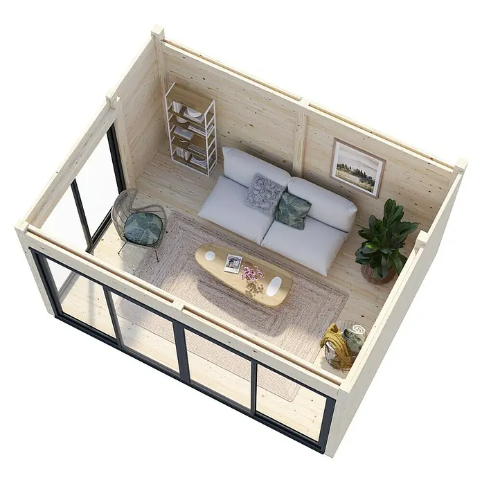 Palmako Caseta de jardín Serena Slide Plus Set 1 - L x An x Al: 320 x 420 x 250 cm, Madera, Natural - Vista interior de una caseta de jardín de madera con muebles y decoraciones.