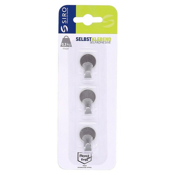 Siro Klebehaken (3 Stk., Edelstahl, Silber, Rund)