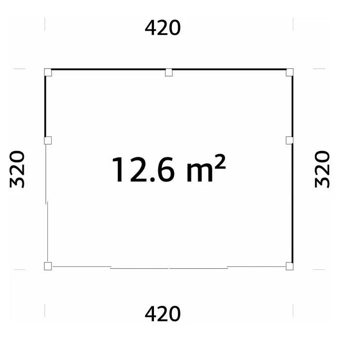 Palmako Caseta de jardín Serena Slide Plus Set 1 - L x An x Al: 320 x 420 x 250 cm, Madera, Natural - Plano de planta de una habitación rectangular de 420 x 320 con un área de 12,6 m², mostrado en un dibujo técnico.