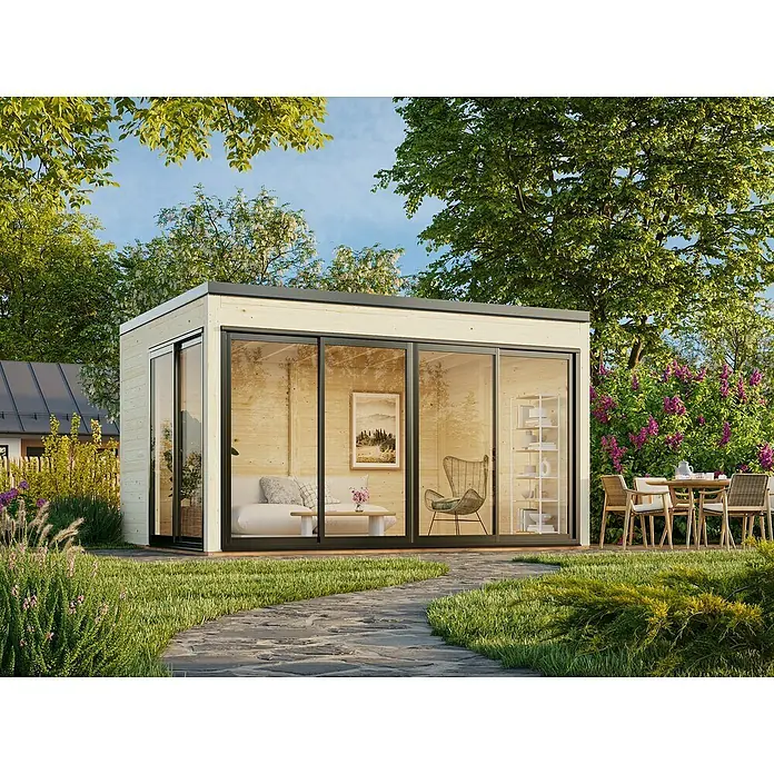 Palmako Caseta de jardín Serena Slide Set 1 - L x An x Al: 320 x 420 x 250 cm, Madera, Natural - Moderna caseta de jardín con fachada de vidrio y paredes de madera, enclavada en un paisaje de jardín verde, invita a relajarse al aire libre.